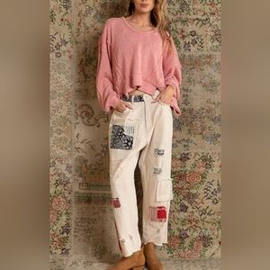 Pol Patchwork Relaxed Fit Cream Wash Jeans Distressed Bohemian Size Medium